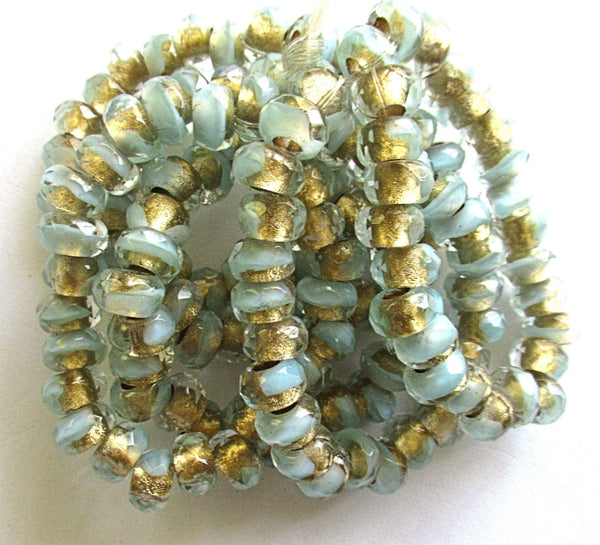 Ten Czech glass roller beads - 8.5 x 5mm light pastel green, crystal, gold lined, faceted roller, rondelle, big 3.5mm hole beads C00801