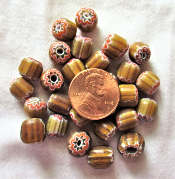 lot of 15 brown & white striped glass chevron tube beads - red and black accents - approx 8 x 10mm rustic earthy big hole barrel beads C9501