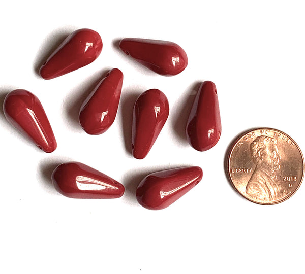 Ten large Czech glass teardrop beads - 9 x 18mm opaque blood red side drilled pressed glass faceted drops six sides C00501
