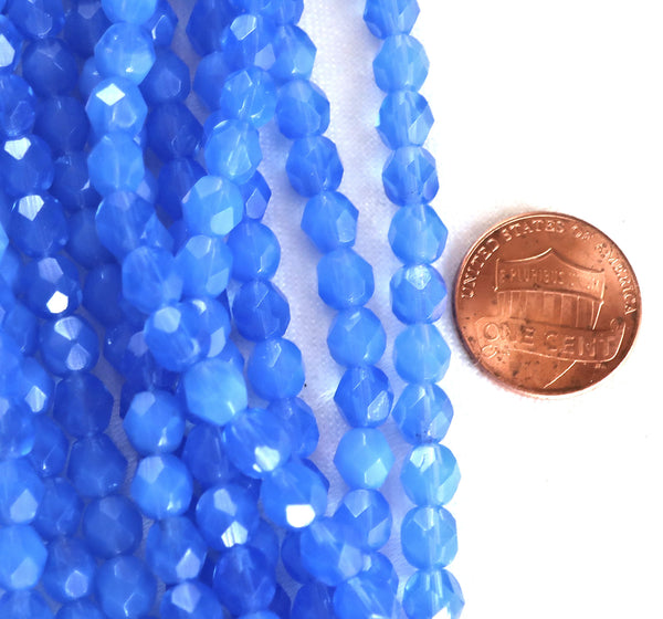 Lot of 25 6mm Milky Sapphire Blue Czech glass beads, firepolished faceted round beads C5425 - Glorious Glass Beads