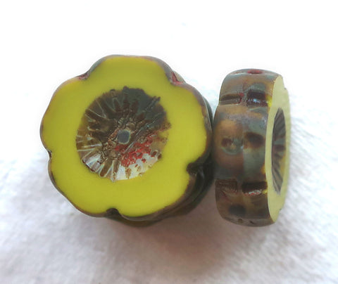 Five 14mm Czech glass beads; Hawaiian Flower beads, table cut, carved, opaque bright avocado, chartreuse green picasso floral beads C00101 - Glorious Glass Beads