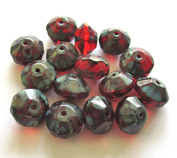 15 Czech glass faceted rivoli saucer beads - 7 x 11mm light garnet red picasso beads - rustic earthy beads C00433