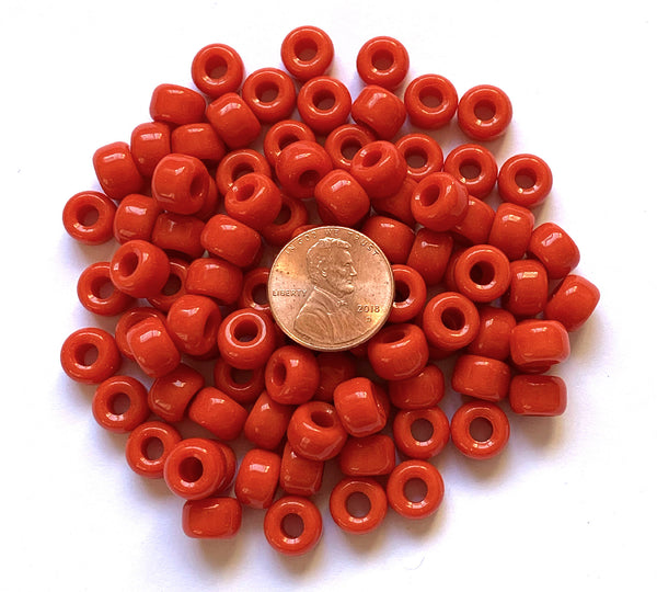 Twenty-five 9mm Czech glass pony, crow, roller beads - opaque orange / red large hole beads - C0062