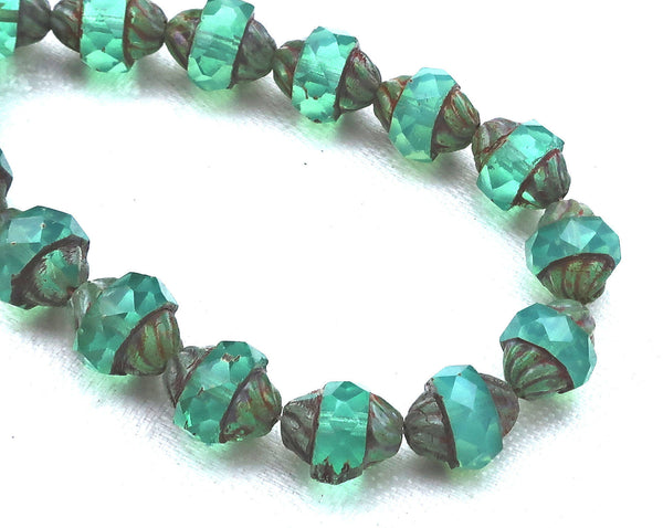 Five light teal Czech glass turbine beads. 11 x 10mm light slightly milky blue green faceted saucer beads with a Picasso finish C01101 - Glorious Glass Beads
