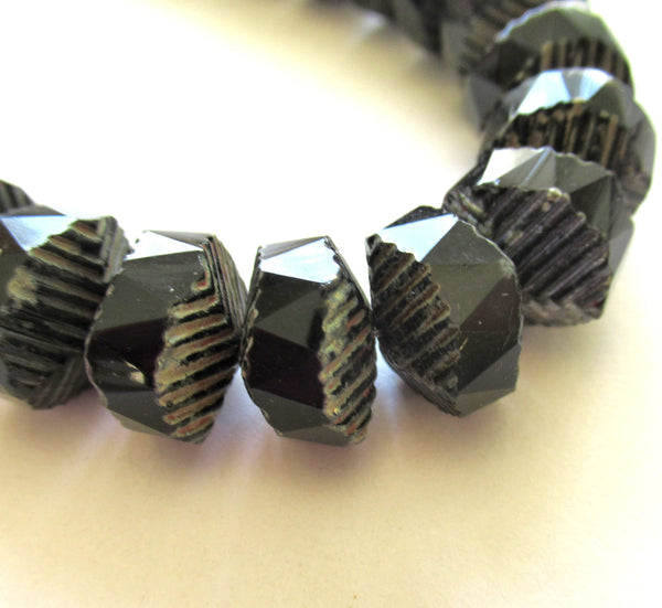 Six Czech glass faceted wavy rondelle beads - large 14 x 6mm opaque black picasso chunky rondelles - C00661