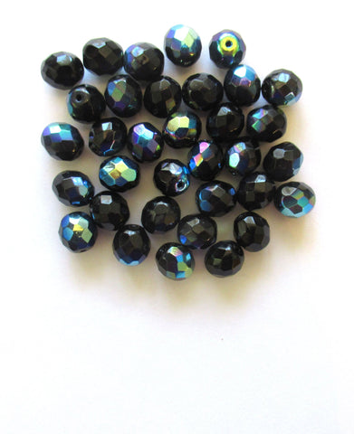 Twenty Czech glass fire polished faceted round beads - 10mm jet black AB beads C0087