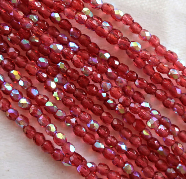 LOt of 50 3mm Fuchsia AB Czech glass beads, pink firepolished, faceted round beads, C1750