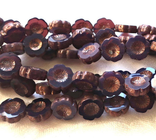 Six 14mm table cut, carved Czech glass flower beads, translucent amethyst, purple opal with a bronze picasso finish, Hawaiian Flowers C8901 - Glorious Glass Beads