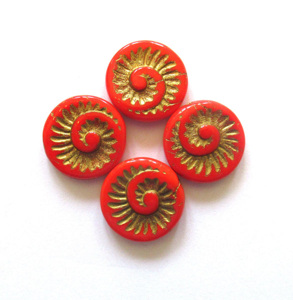 Four large Czech glass snail fossil beads - 18mm opaque red with a gold wash - coin / disc / focal beads C0007