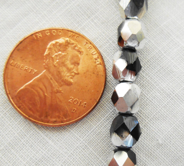 Lot of 25 6mm multicolored jet black and silver Czech glass beads, firepolished, faceted round beads C2425