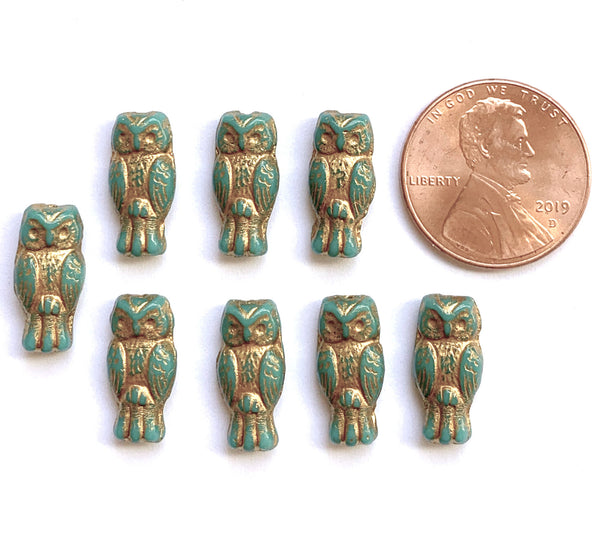 10 Czech glass owl beads - top drilled 7 x 15mm opaque turquoise green with gold wash pressed glass beads C0005