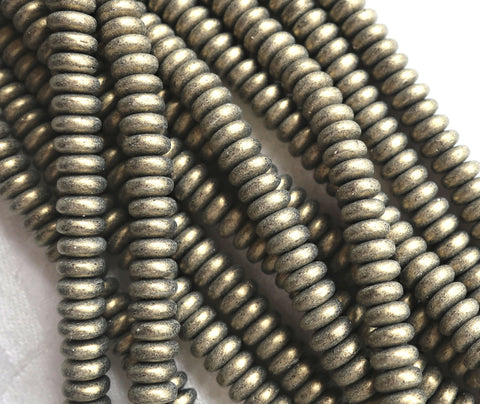 Lot of 50 6mm Czech glass rondelle beads, matte metallic suede gold, flat spacers or rondelles C6601 - Glorious Glass Beads