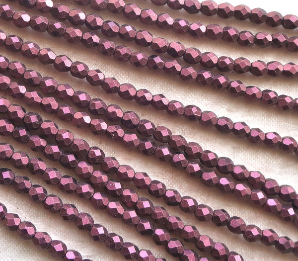 Lot of 50 4mm Czech glass beads, matte metallic suede, sueded pink fireploished, faceted roind beads 9650 - Glorious Glass Beads