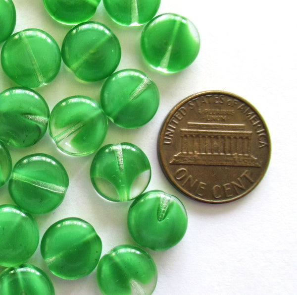 20 Czech glass coin beads - 10mm green & crystal disc beads C0055