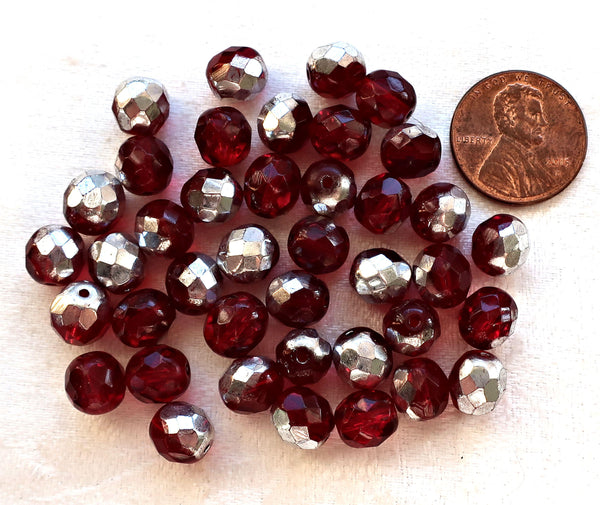 L0t of 25 8mm Ruby Red, Garnet & silvver Czech glass beads, firepolished, faceted round beads, C9625 - Glorious Glass Beads