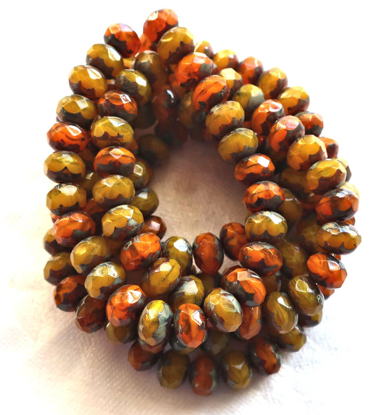 lot of 25 Czech glass faceted puffy rondelle beads, Translucent Orange and Yellow Opal Picasso mix. 6 x 8mm rustic, earthy, rondelles 02301 - Glorious Glass Beads