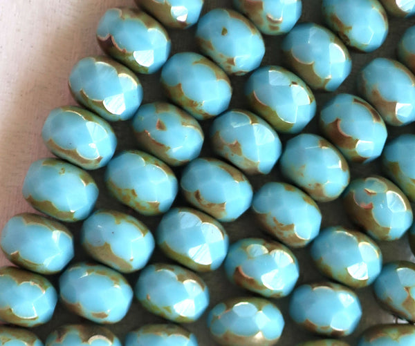 25 6 x 9mm Czech Turquoise Blue Picasso Faceted Puffy Rondelle Beads, blue Czech glass beads C28125