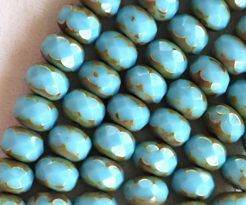 25 6 x 9mm Czech Turquoise Blue Picasso Faceted Puffy Rondelle Beads, blue Czech glass beads C28125 - Glorious Glass Beads