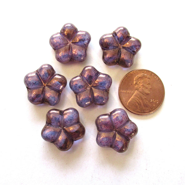 Lot of six 17mm Czech glass flower beads - amethyst, purple pressed beads with an iridescent luster finish - 00351