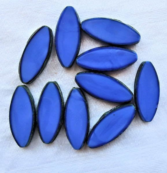 Ten 20 x 9mm opaque royal blue silk, table cut, picasso Czech glass spindle beads, almond shaped tube beads C33201 - Glorious Glass Beads