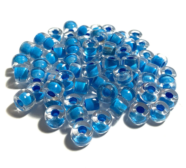 Twenty-five 9mm Czech glass pony, crow, roller beads - blue lined large hole beads - C0078