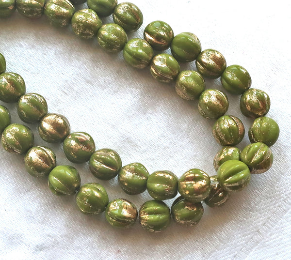 25 Czech pressed glass melon beads. 6mm Avocado Green with gold accents, C00101 - Glorious Glass Beads