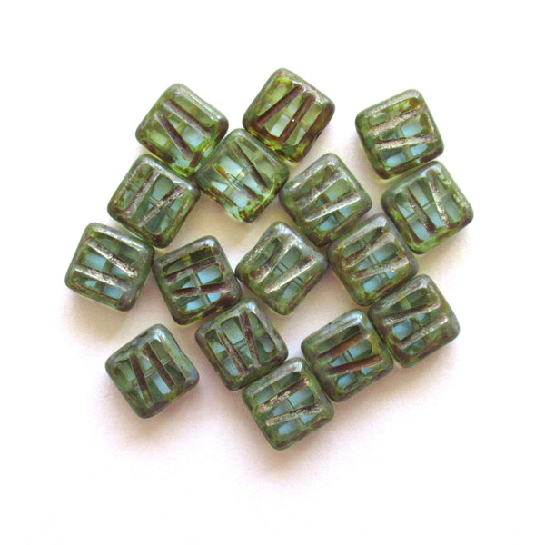 Lot of ten 10mm x 10mm square light aqua blue, carved, table cut, picasso Czech glass beads, striped square zebra beads C0019