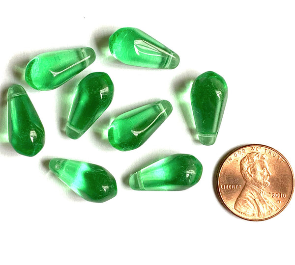 Ten large Czech glass teardrop beads - 9 x 18mm transparent mint green pressed glass side drilled faceted drops six sides C0008