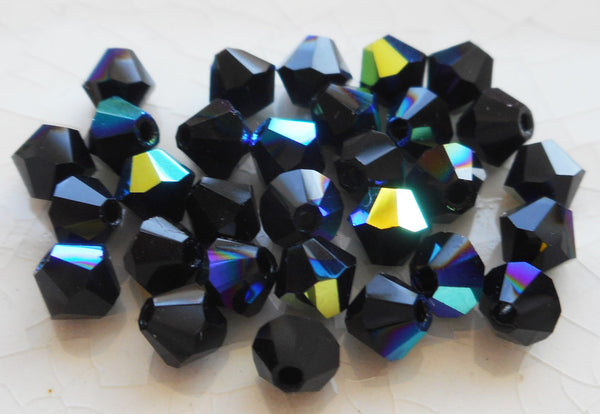 Lot of 24 4mm Czech opaque Jet Black AB glass faceted bicone beads, Preciosa Crystal black AB bicones 9401