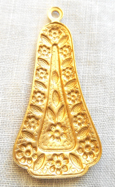 1 Raw Brass Stamping, a medium sized Victorian, Art Nouveau, Deco dangle, pendant, charm, drop, earring, 41mm x 19mm, made in the USA C1401 - Glorious Glass Beads