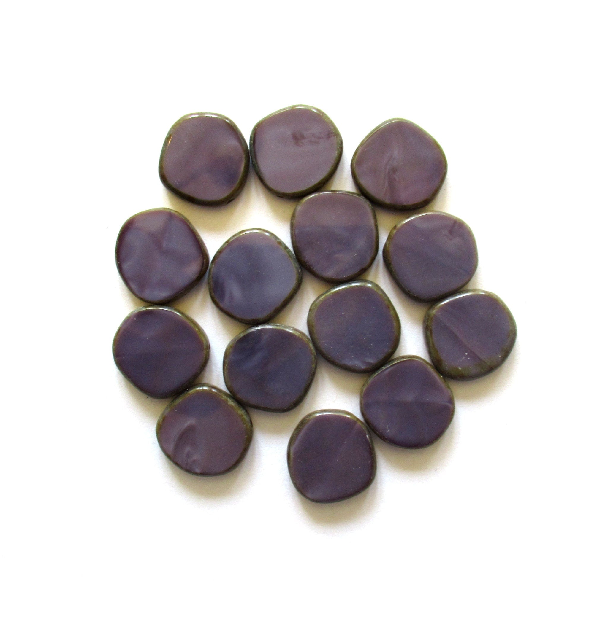 Six 15mm Czech glass asymmetrical coin or disc beads - opaque amethyst / purple silk picasso table cut beads - C00531