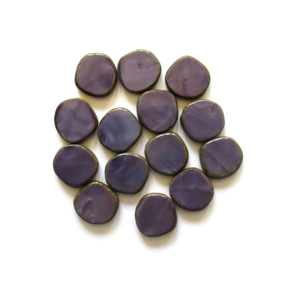 Six 15mm Czech glass asymmetrical coin or disc beads - opaque amethyst / purple silk picasso beads - C00531