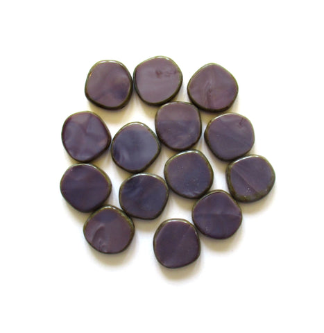 Six 15mm Czech glass asymmetrical coin or disc beads - opaque amethyst / purple silk picasso table cut beads - C00531