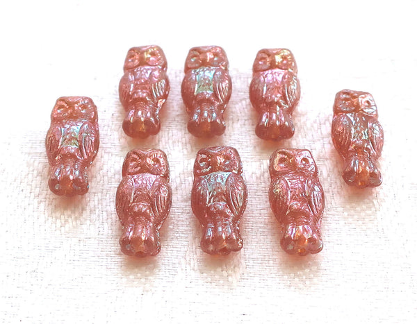 Lot of 10 small Czech glass owl beads, apricot orange luster iridescent, two sided earring beads, 15mm x 7mm 0801 - Glorious Glass Beads