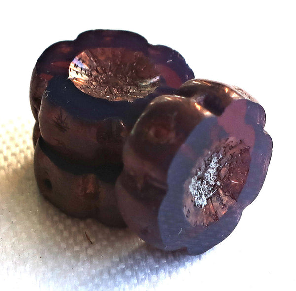 Six 14mm table cut, carved Czech glass flower beads, translucent amethyst, purple opal with a bronze picasso finish, Hawaiian Flowers C8901 - Glorious Glass Beads