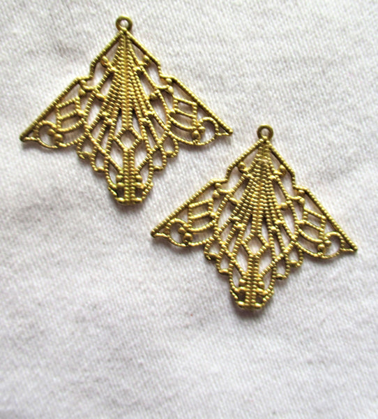 2 raw brass stampings pair- ornate vintage filigree earrings or charms with ring - 33mm x 30mm - USA made C1302