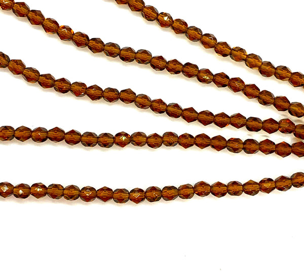 25 faceted round Czech glass beads - 6mm fire polished smoky topaz or transparent brown beads - C0093
