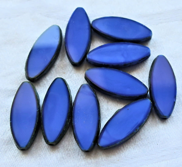 Ten 20 x 9mm opaque royal blue silk, table cut, picasso Czech glass spindle beads, almond shaped tube beads C33201 - Glorious Glass Beads