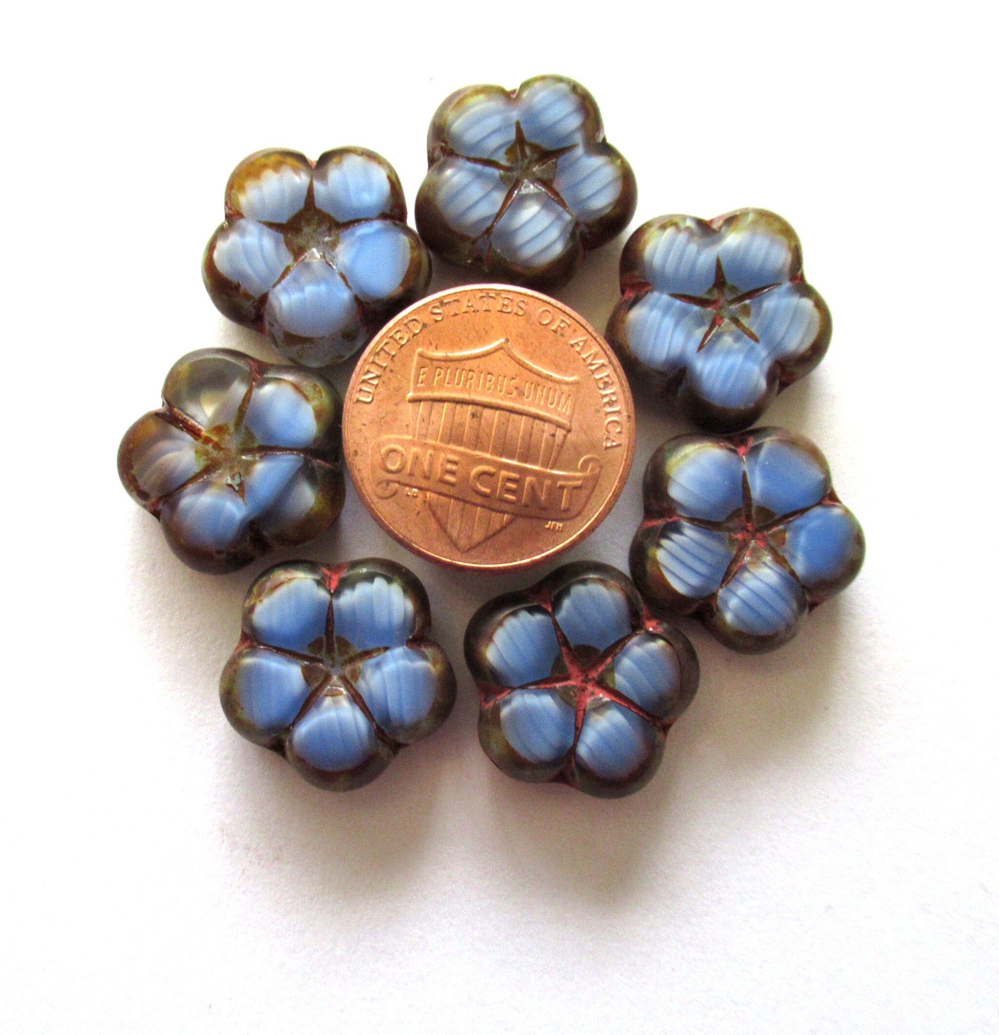 Lot of 6 Czech glass flower beads - 16mm table cut carved opaque silky blue & crystal marbled glass with picasso accents C00591