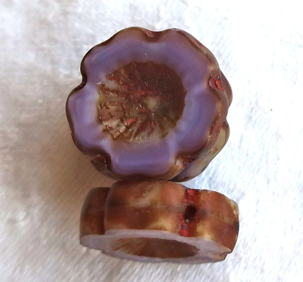 Six 14mm Czech glass hibiscus Hawaiian flower beads, table cut, carved, opaque purple silk, lavender, lilac with a picasso finish C02106