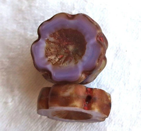 Six 14mm Czech glass hibiscus Hawaiian flower beads, table cut, carved, opaque purple silk, lavender, lilac with a picasso finish C02106 - Glorious Glass Beads