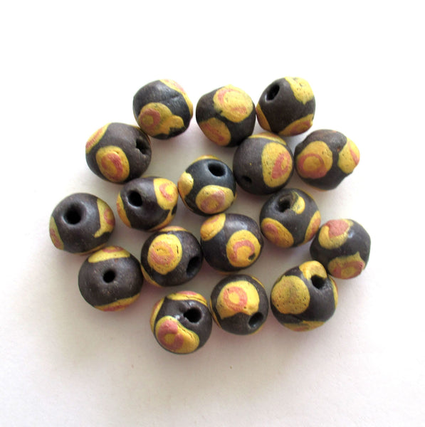 8 African Ghana Krobo round recycled glass beads - brown beads w/ orange spots - 11 - 14mm sand cast - big hole rustic beads - C00211
