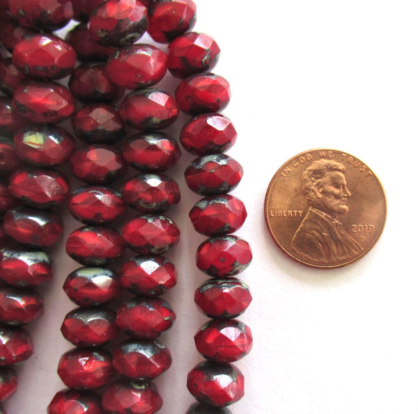 Lot of 25 Czech glass faceted puffy rondelle beads - 6 x 8mm transparent opaque mix garnet red silky picasso rondelles C0082