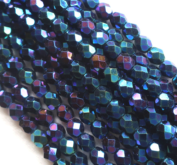 Lot of 25 6mm Blue Iris Czech glass beads, firepolished, faceted round beads C1501