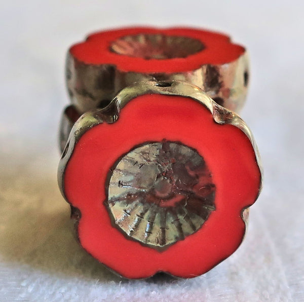 Five Czech glass flower beads. 14mm table cut, carved, opaque bright coral red picasso Hawaiian flower beads C00101 - Glorious Glass Beads