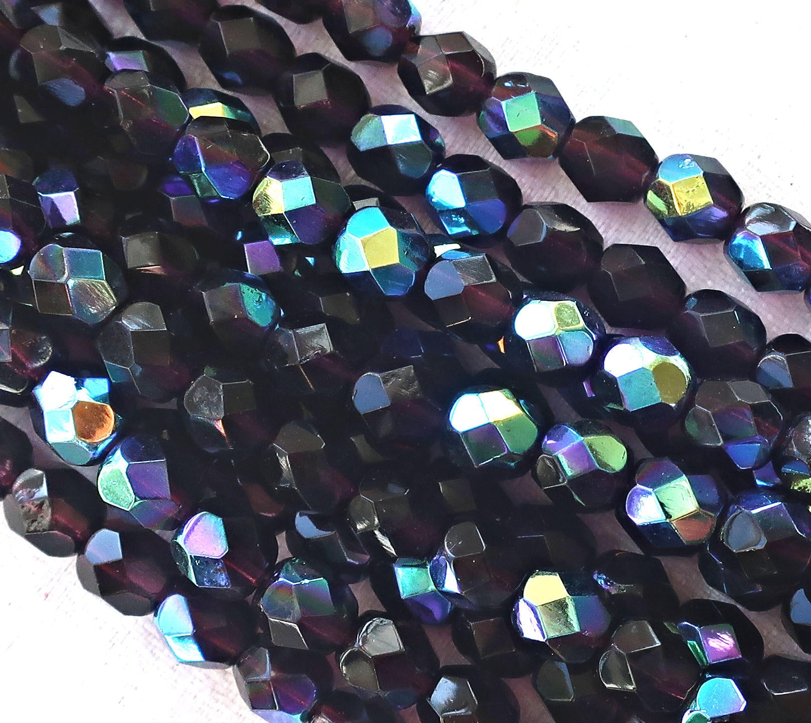 Lot of 25 6mm Dark Amethyst AB, purple, Czech glass firepolished faceted round beads C8401 - Glorious Glass Beads