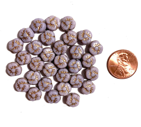 Twenty 9mm Czech pansy flower beads - opaque light purple or amethyst flower beads with gold accents - C0331