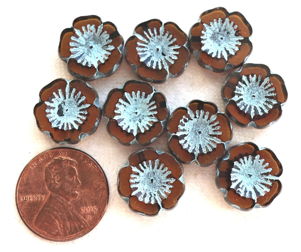 Five 14mm table cut, carved, transparent dark brown, smokey topaz & blue picasso, Czech glass hibiscus Hawaiian flower beads, C05105 - Glorious Glass Beads