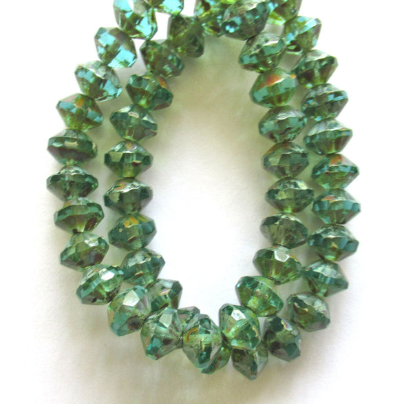 25 faceted Czech glass rivoli or saucer beads - 6 x 9mm light teal blue green picasso beads - C00072