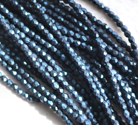50 3mm Polychrome Indigo Orchid Blue Czech glass beads, deep, dark blue firepolished, faceted round beads, C3650 - Glorious Glass Beads